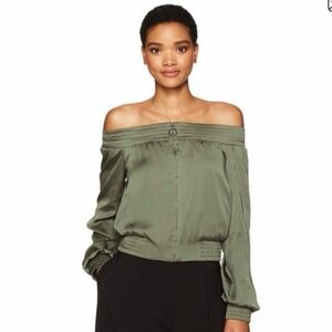 Like New - BCBG Olive Green Satin Off The Shoulder Cropped Bomber Blouse